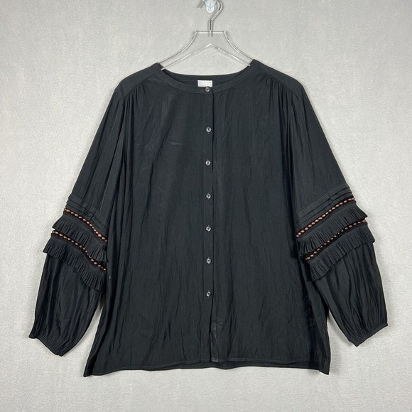 Chico's Blouse Top Size 3/XL Black Satin Button Up Collarless Long Sleeve - Picture 1 of 11